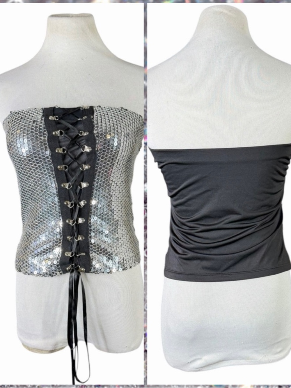 10/25🦋 Flamingo Black & Silver Sequin Lace Up Corset Style Tube Top - Size Small